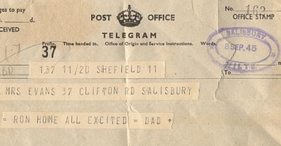 Telegram from Ron's Dad announcing Ron's coming home