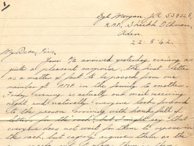 Letter from Ron in Aden to his sister Iris, dated 22nd August 1942